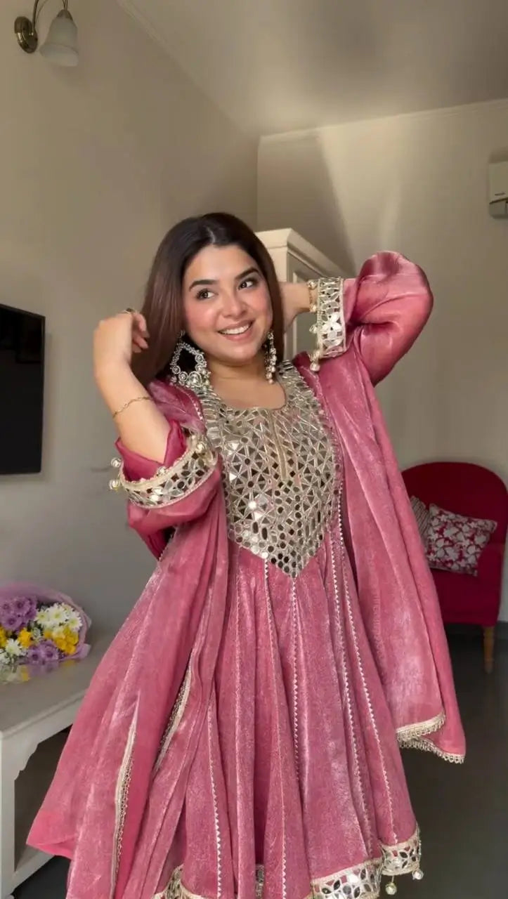 Dusty Rose Gold Crush Peplum Dhoti Set with Real Mirror Work and Fancy Latkan