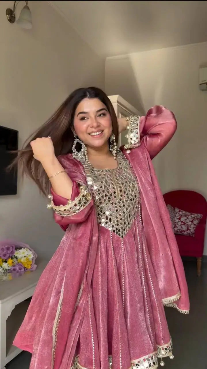 Dusty Rose Gold Crush Peplum Dhoti Set with Real Mirror Work and Fancy Latkan