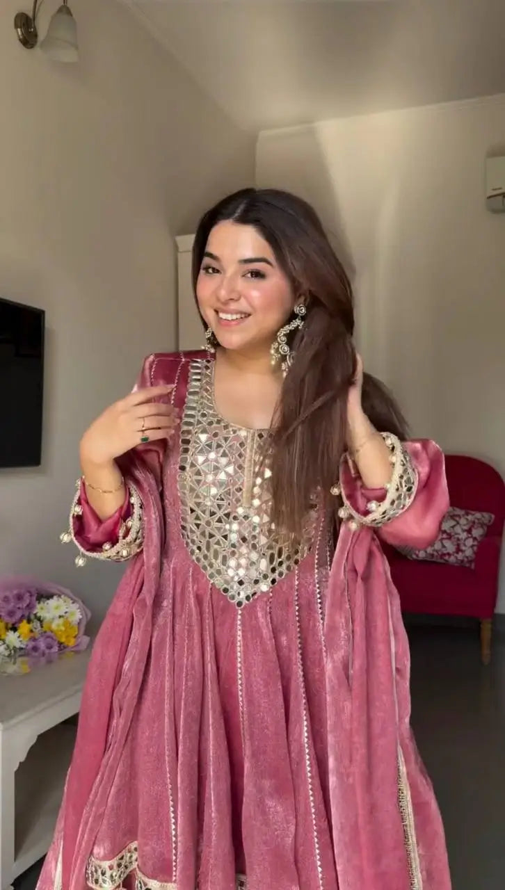 Dusty Rose Gold Crush Peplum Dhoti Set with Real Mirror Work and Fancy Latkan