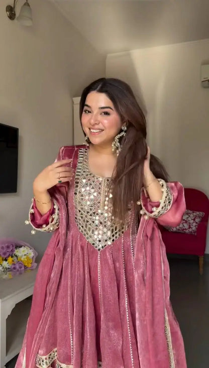 Dusty Rose Gold Crush Peplum Dhoti Set with Real Mirror Work and Fancy Latkan