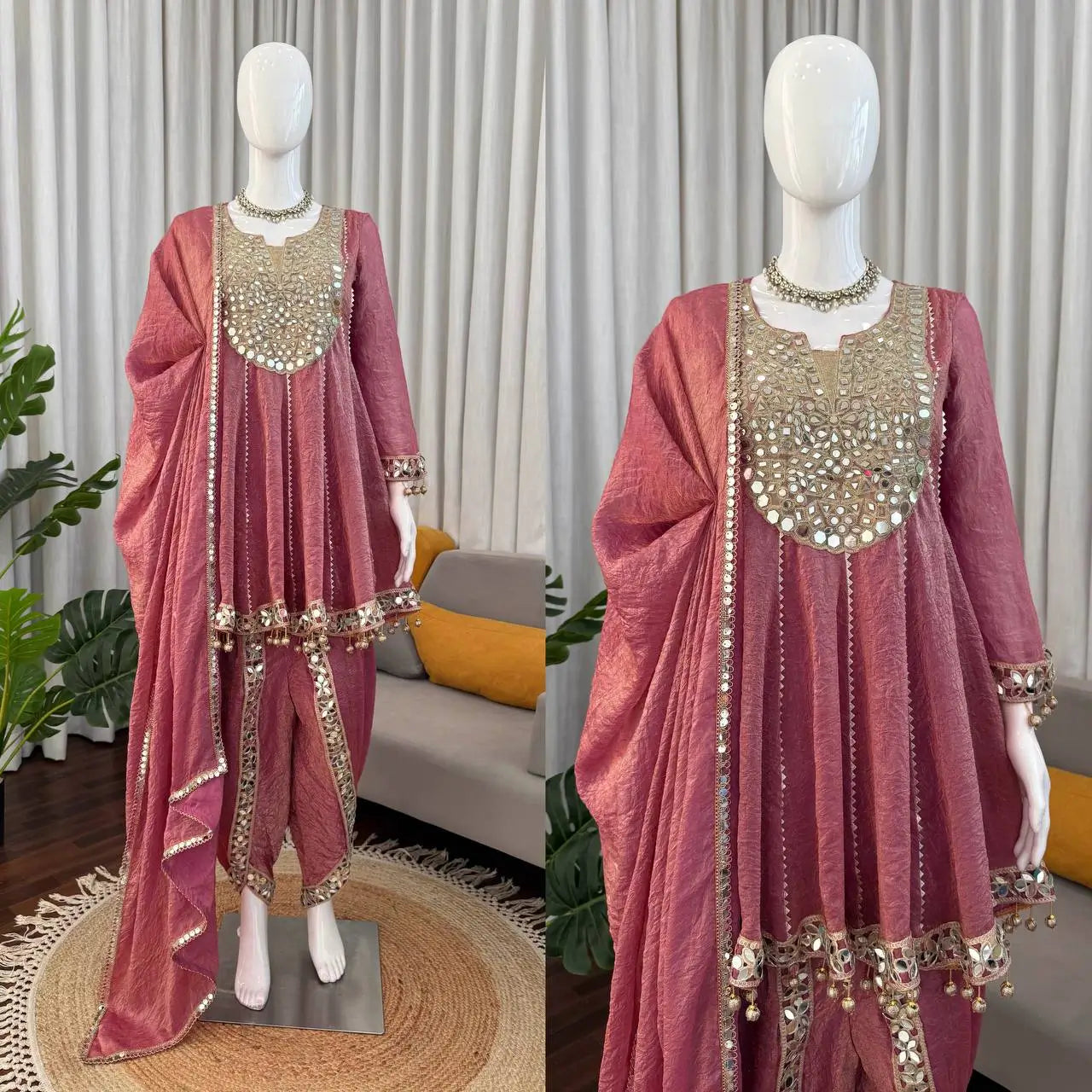 Dusty Rose Gold Crush Peplum Dhoti Set with Real Mirror Work and Fancy Latkan