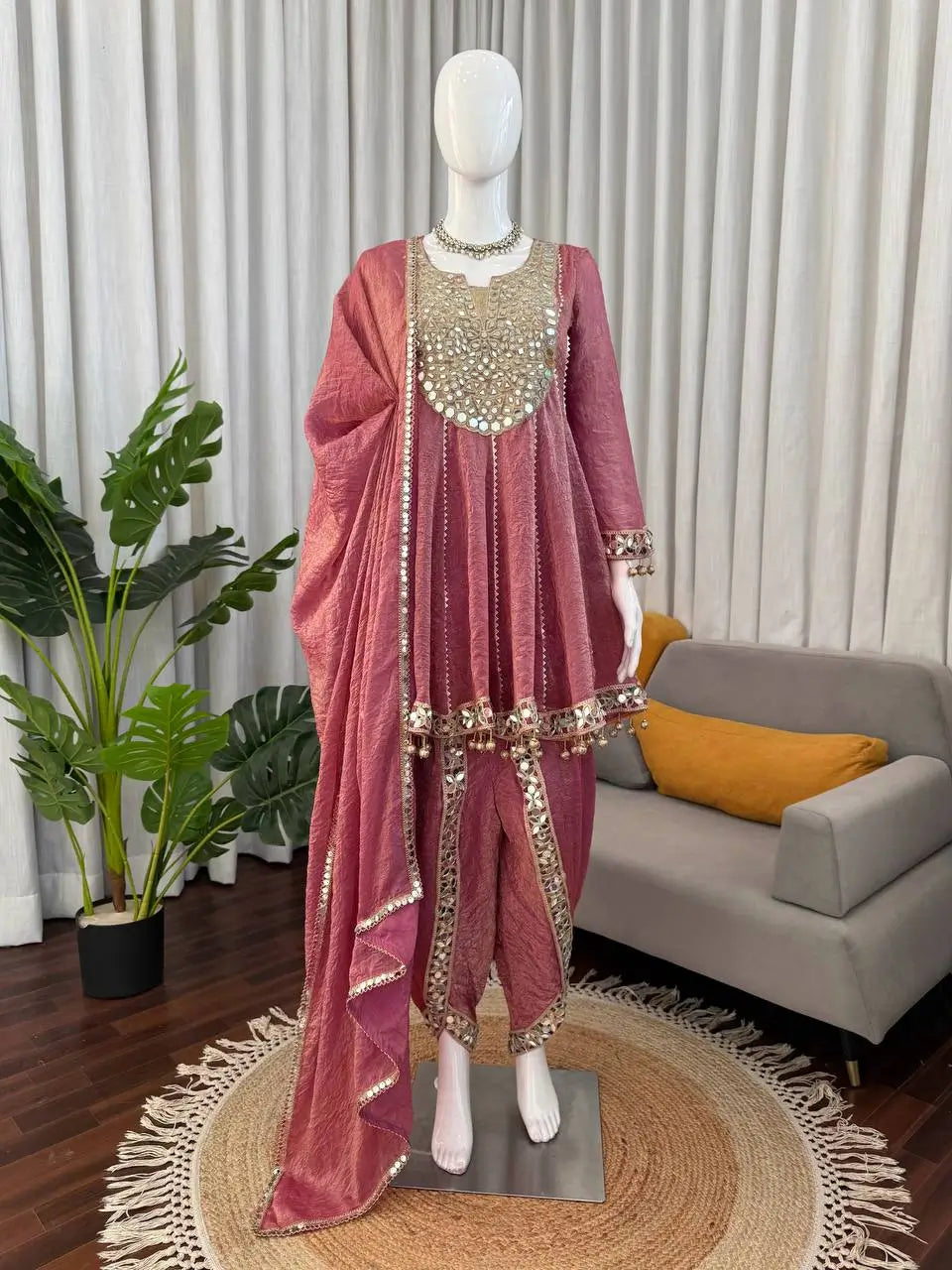 Dusty Rose Gold Crush Peplum Dhoti Set with Real Mirror Work and Fancy Latkan