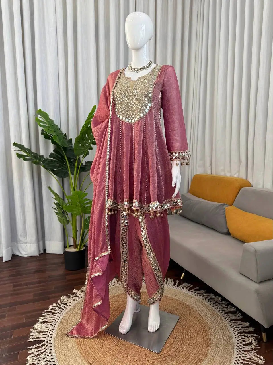 Dusty Rose Gold Crush Peplum Dhoti Set with Real Mirror Work and Fancy Latkan