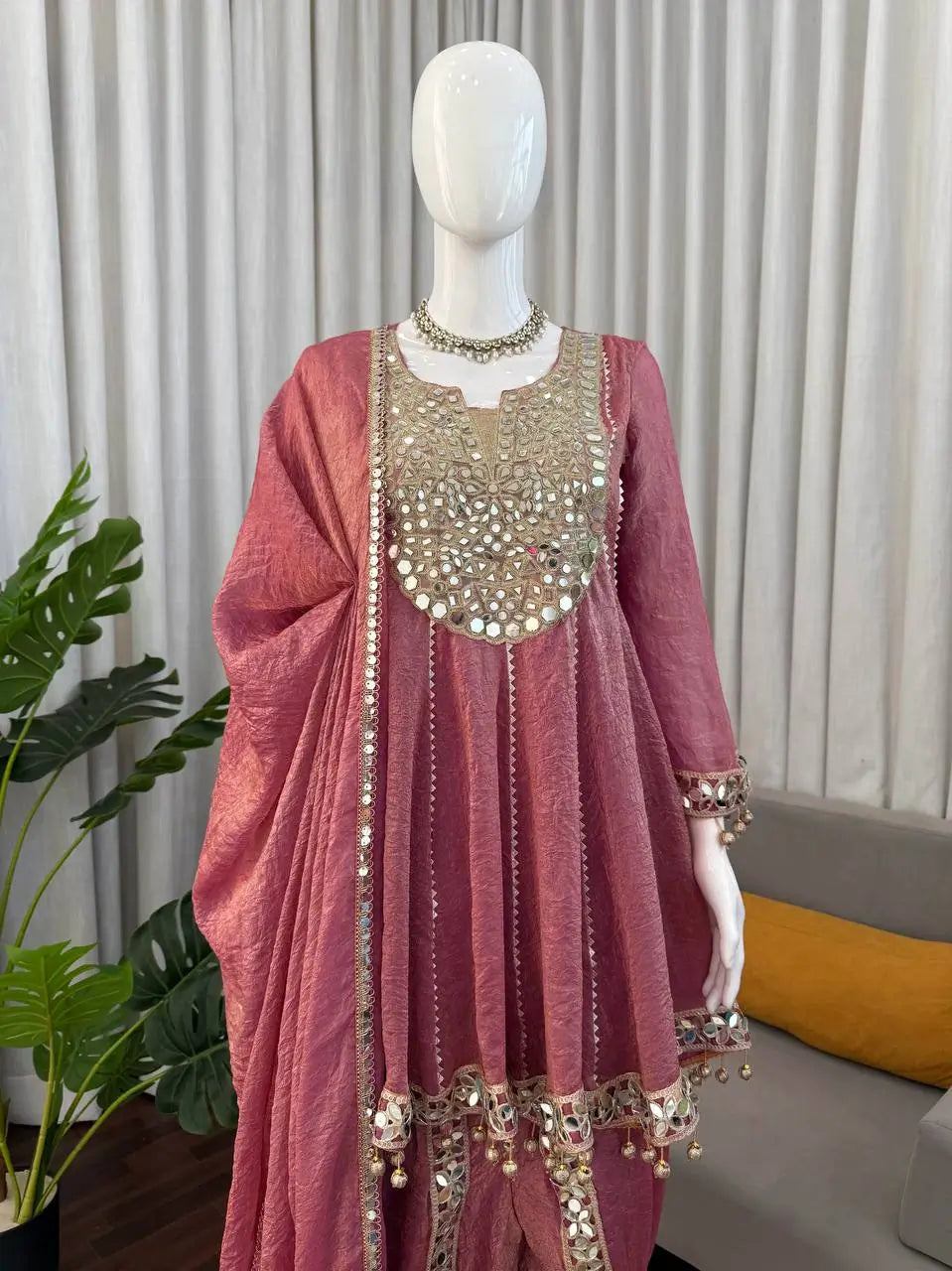 Dusty Rose Gold Crush Peplum Dhoti Set with Real Mirror Work and Fancy Latkan