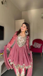 Dusty Rose Gold Crush Peplum Dhoti Set with Real Mirror Work and Fancy Latkan