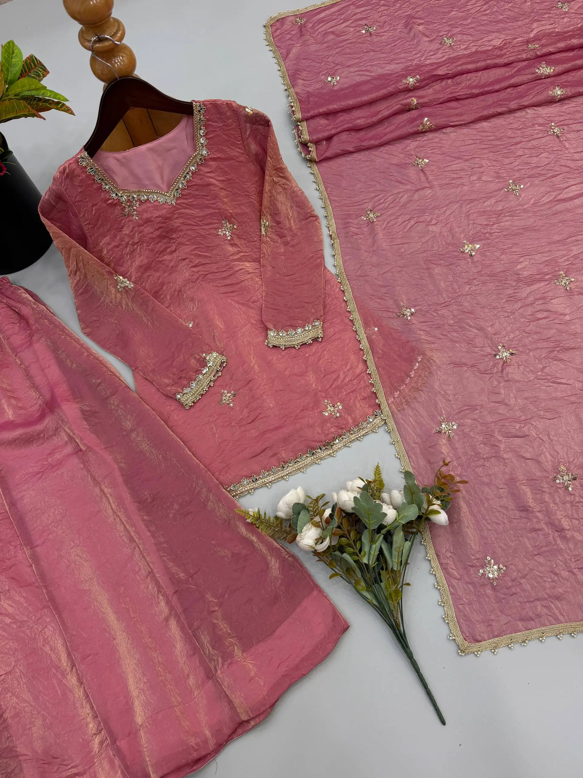 Dusty Rose Mirror Sharara Set
