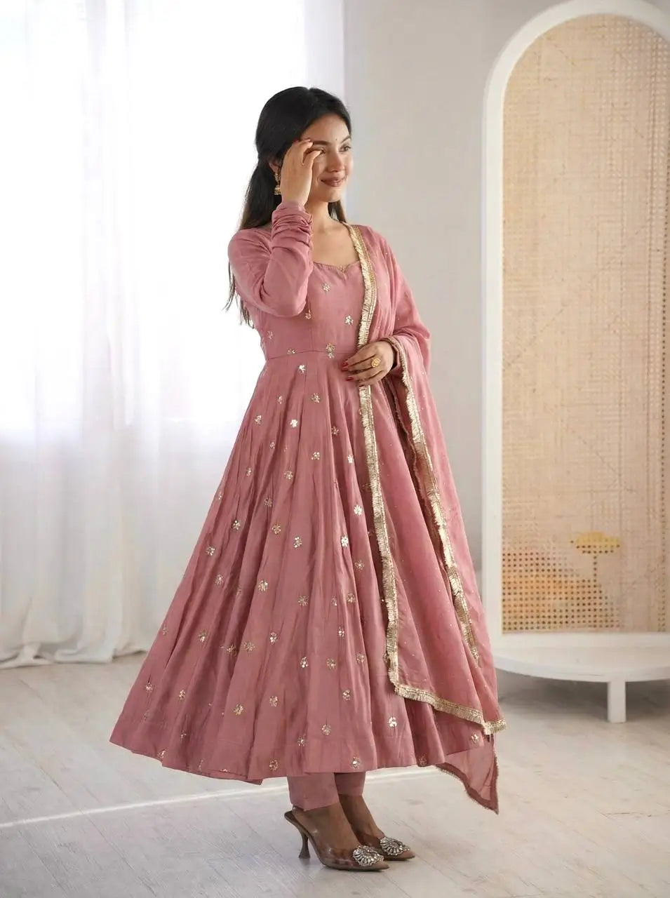 Dusty Rose Roman Silk Anarkali Set for Festive and Wedding Wear