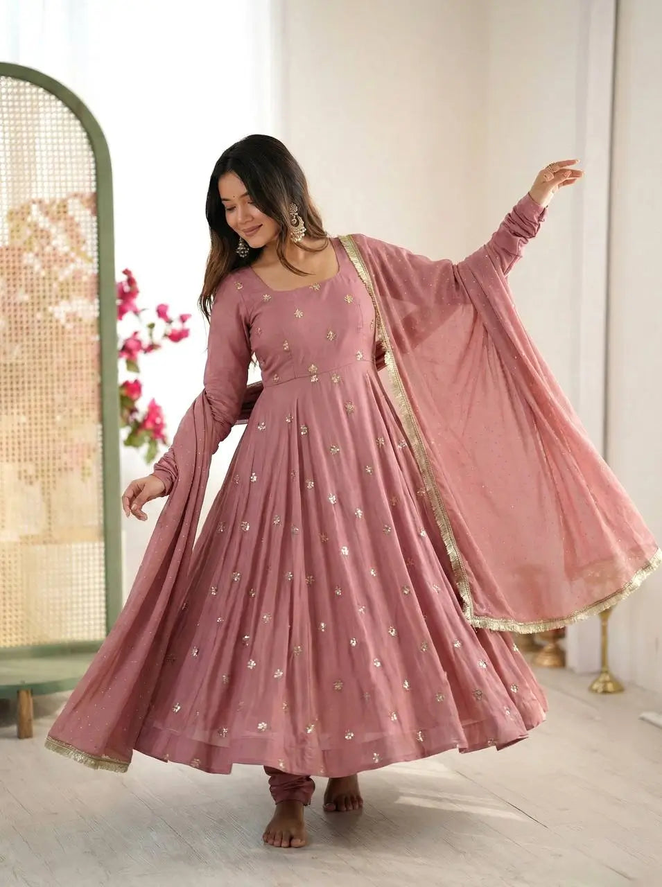 Dusty Rose Roman Silk Anarkali Set for Festive and Wedding Wear
