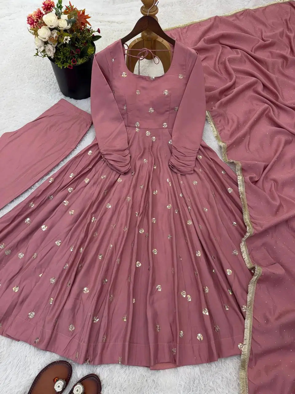 Dusty Rose Roman Silk Anarkali Set for Festive and Wedding Wear