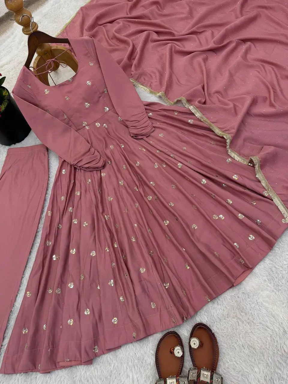 Dusty Rose Roman Silk Anarkali Set for Festive and Wedding Wear