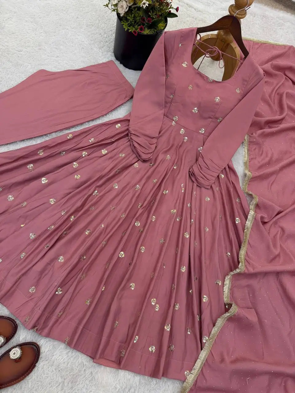 Dusty Rose Roman Silk Anarkali Set for Festive and Wedding Wear