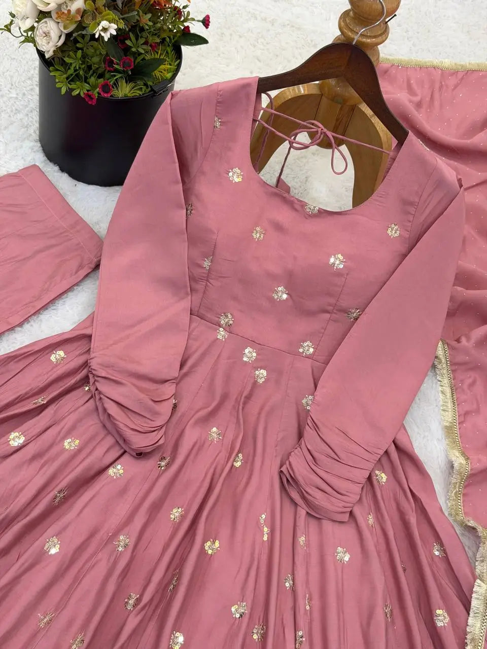 Dusty Rose Roman Silk Anarkali Set for Festive and Wedding Wear