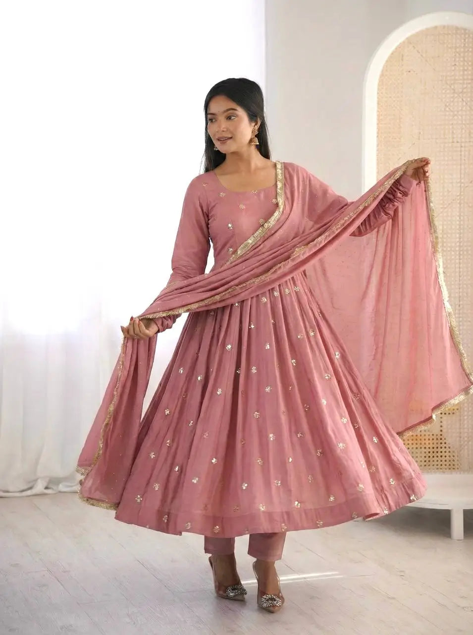 Dusty Rose Roman Silk Anarkali Set for Festive and Wedding Wear