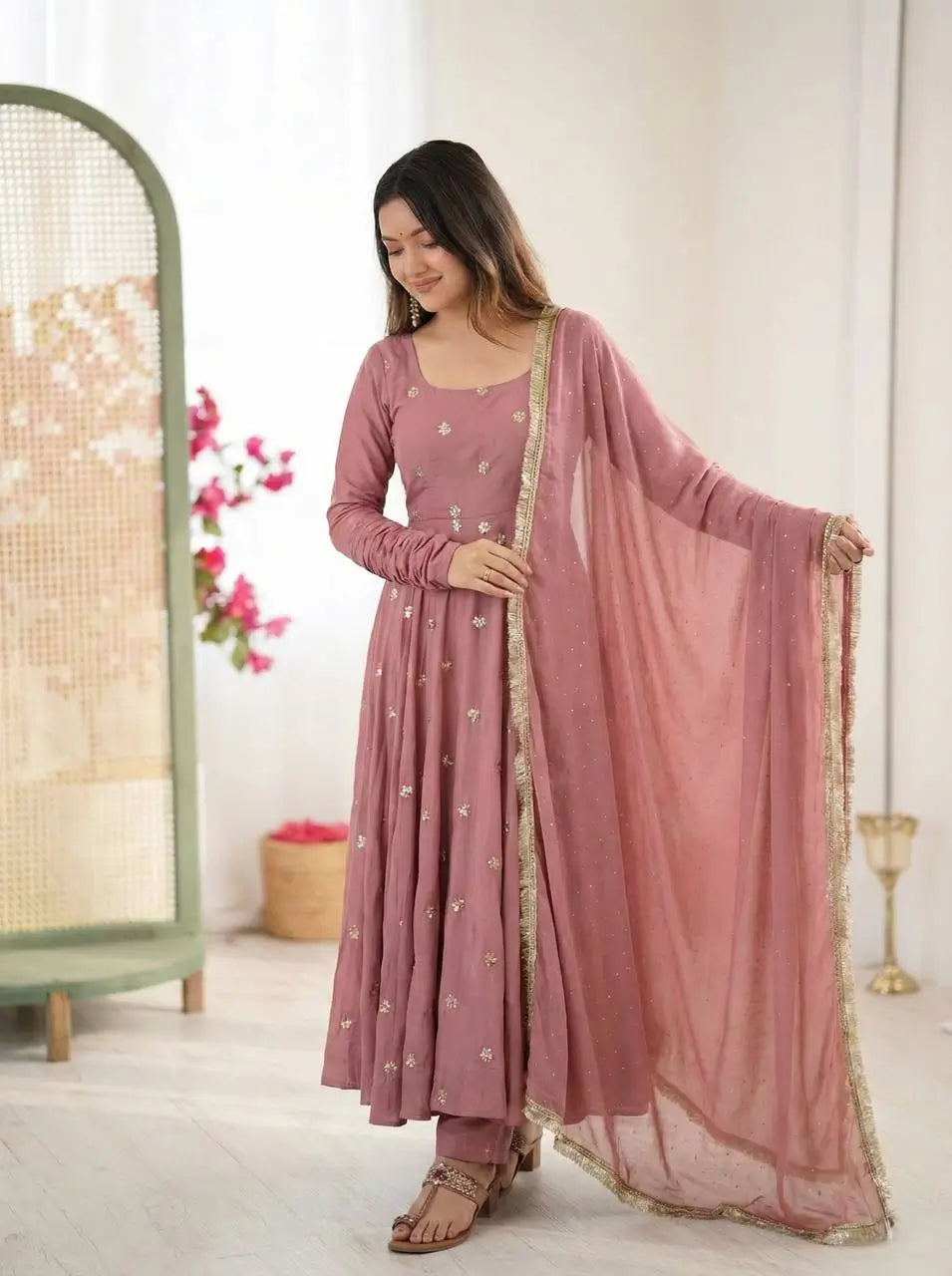 Dusty Rose Roman Silk Anarkali Set for Festive and Wedding Wear