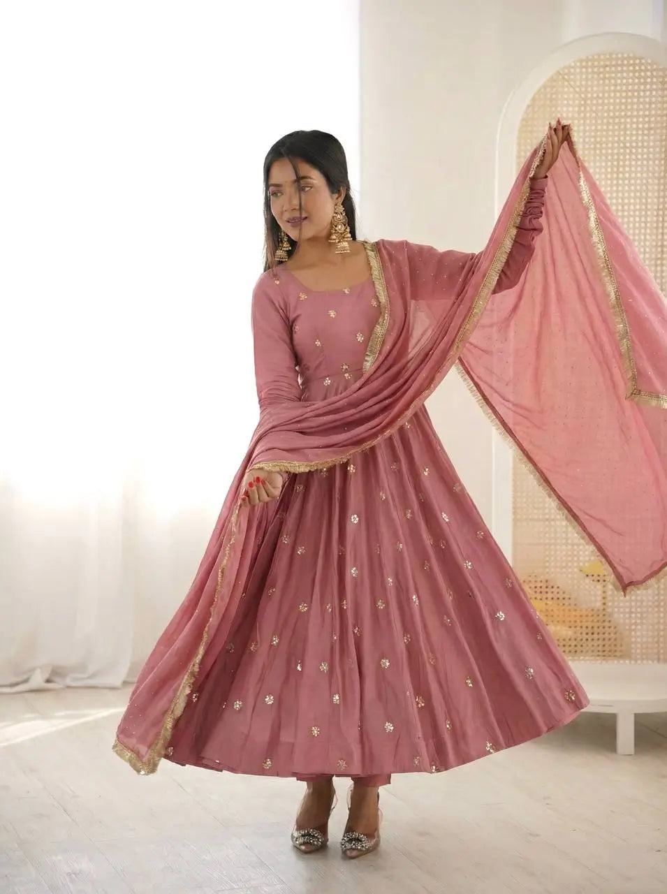 Dusty Rose Roman Silk Anarkali Set for Festive and Wedding Wear