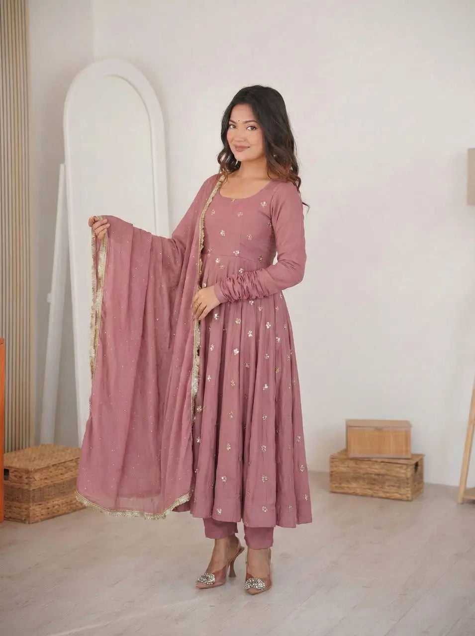 Dusty Rose Roman Silk Anarkali Set for Festive and Wedding Wear