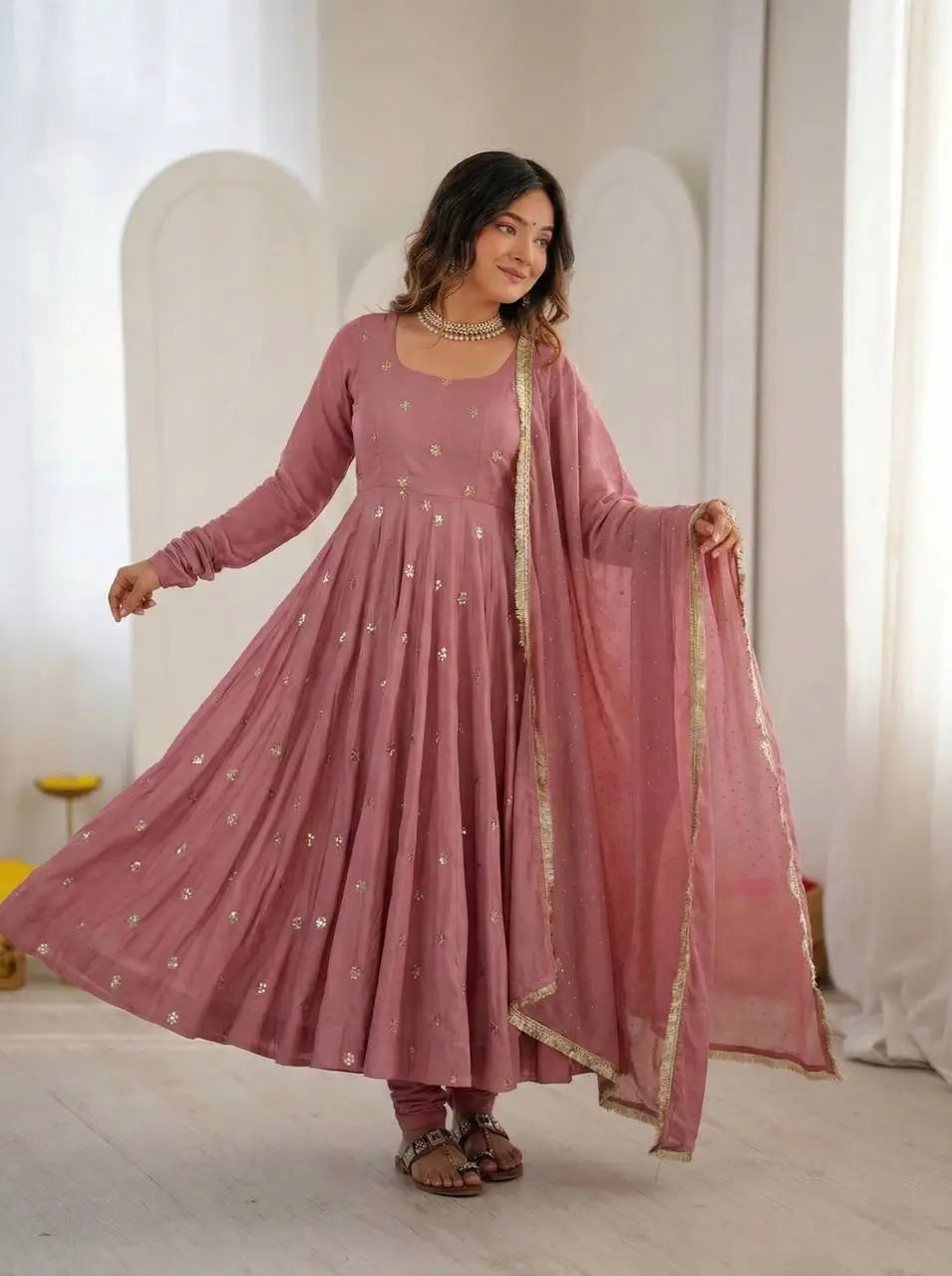 Dusty Rose Roman Silk Anarkali Set for Festive and Wedding Wear