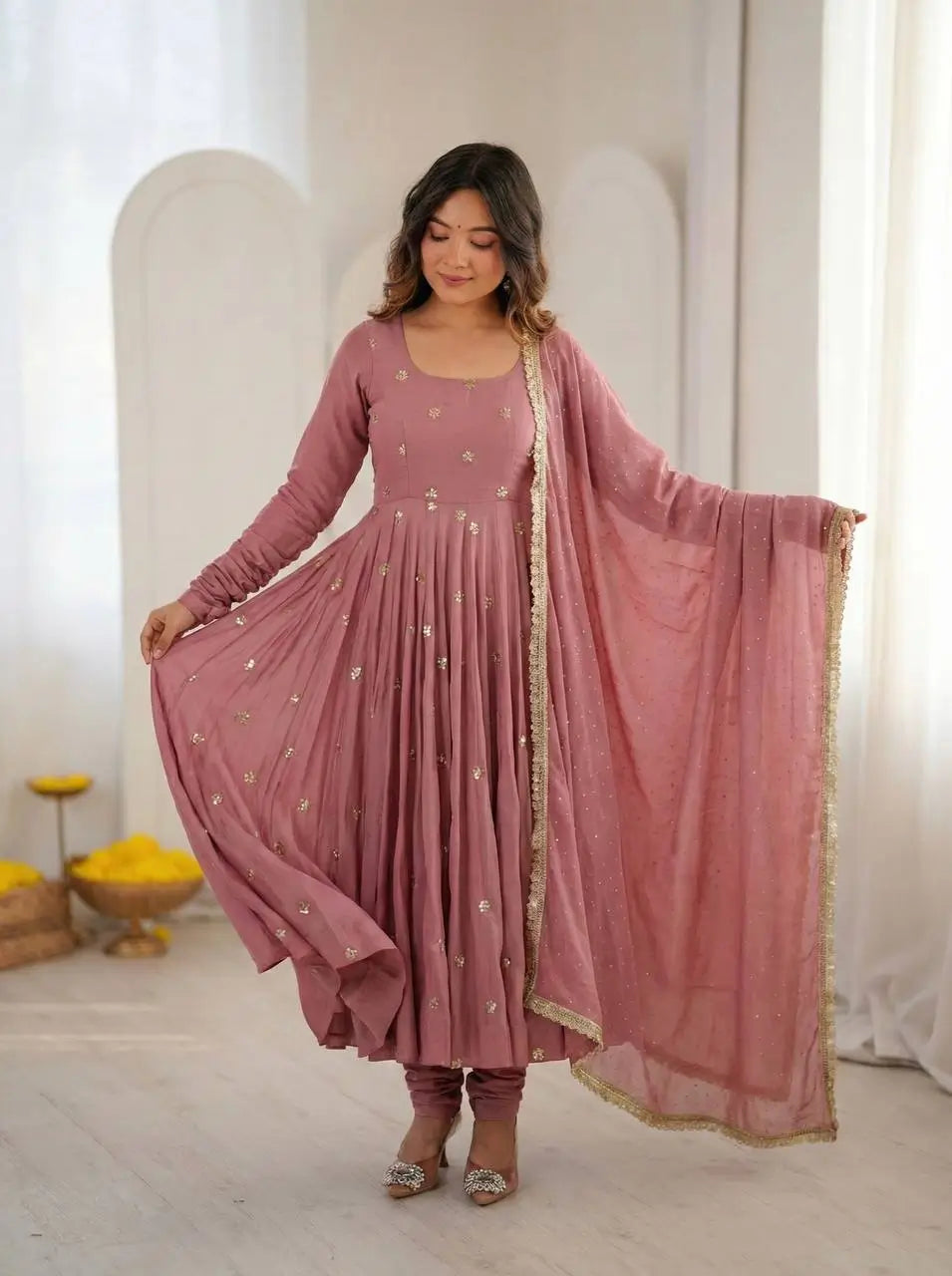 Dusty Rose Roman Silk Anarkali Set for Festive and Wedding Wear
