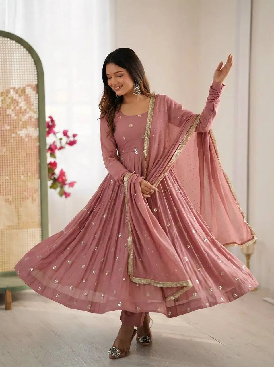 Dusty Rose Roman Silk Anarkali Set for Festive and Wedding Wear