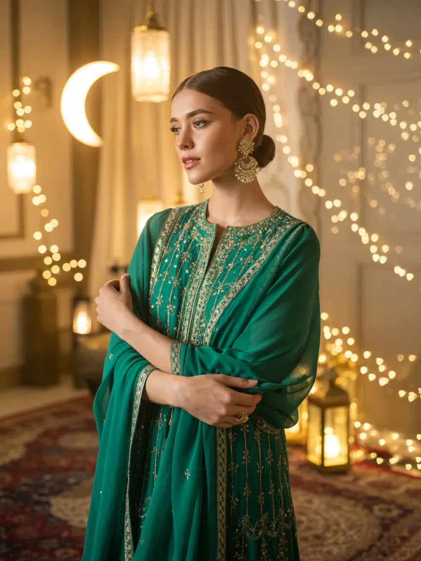 Woman in a green traditional outfit standing in a decorated room with lights and lanterns.