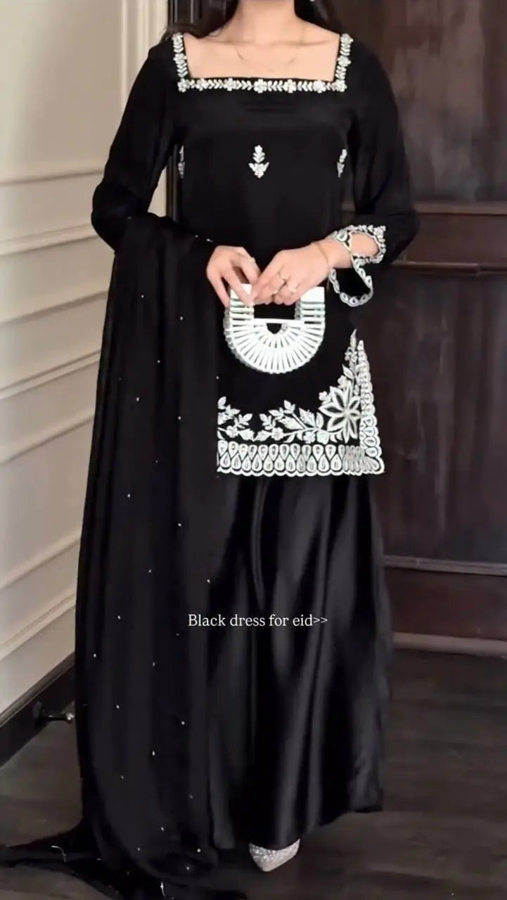 Elegant Black Crepe Palazzo Suit Set for Festive and Wedding Wear