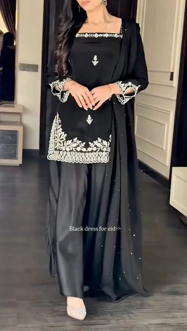 Elegant Black Crepe Palazzo Suit Set for Festive and Wedding Wear