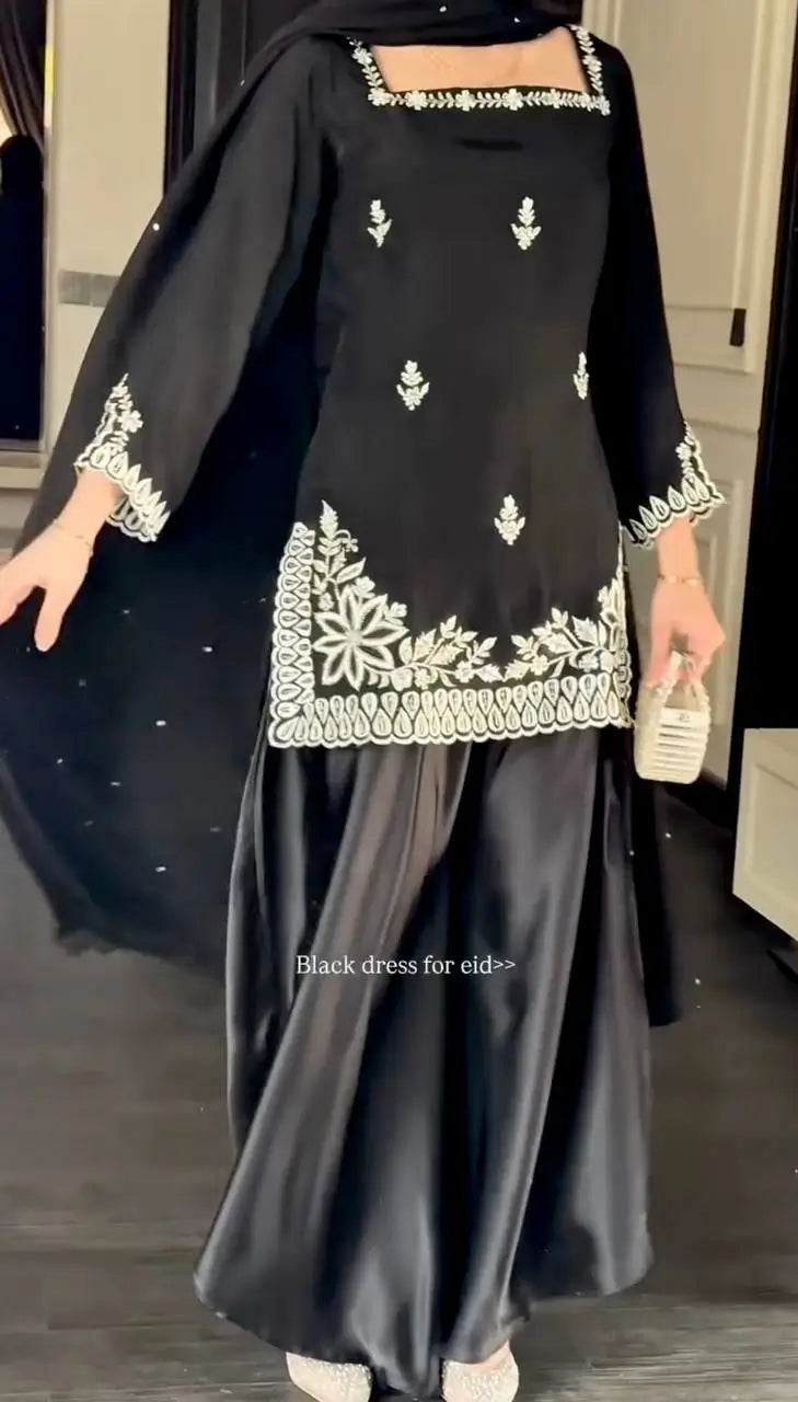 Elegant Black Crepe Palazzo Suit Set for Festive and Wedding Wear