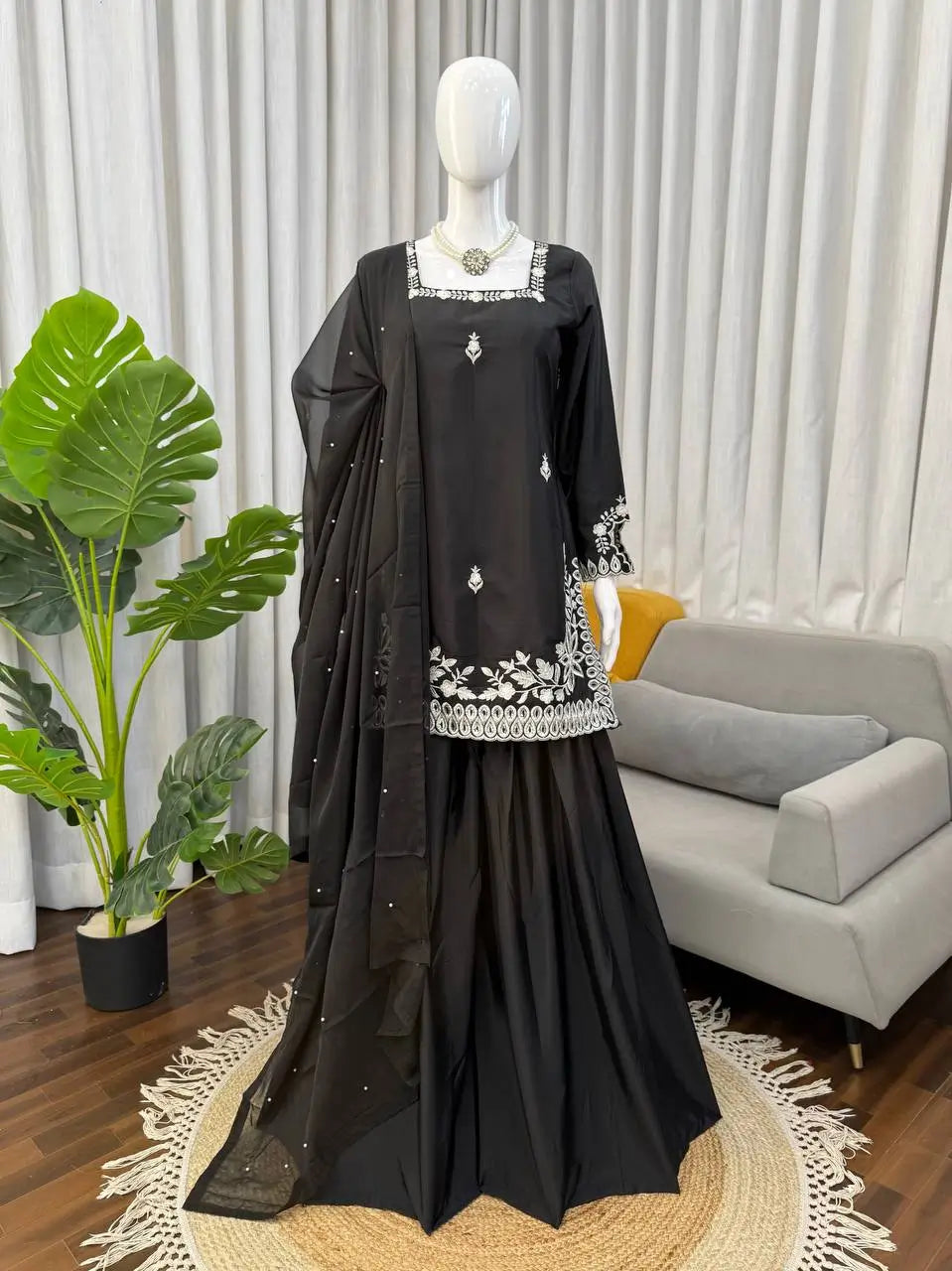 Elegant Black Crepe Palazzo Suit Set for Festive and Wedding Wear