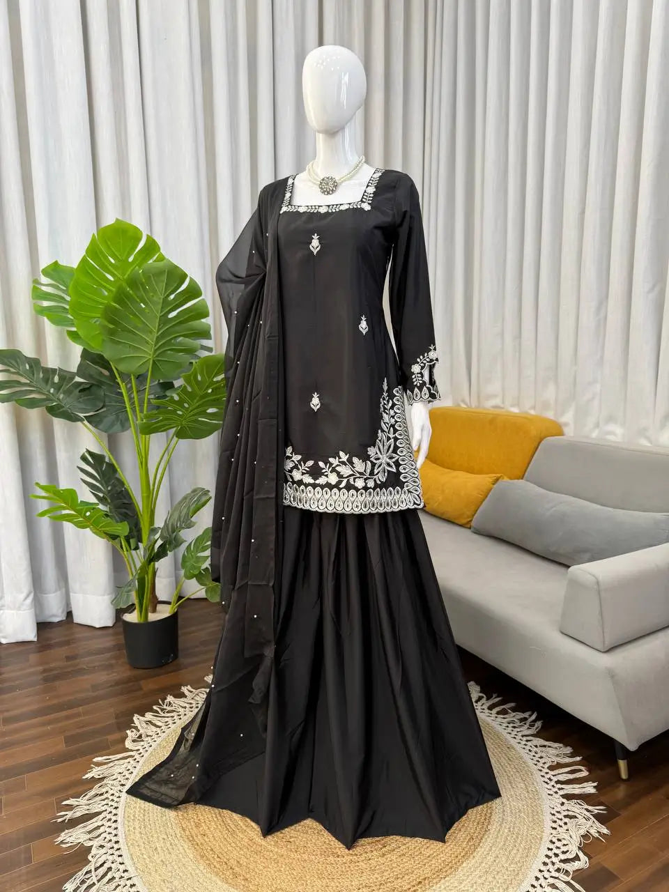 Elegant Black Crepe Palazzo Suit Set for Festive and Wedding Wear