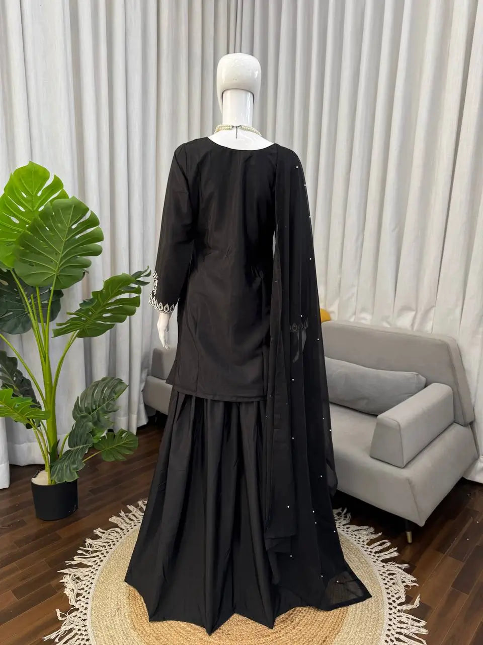 Elegant Black Crepe Palazzo Suit Set for Festive and Wedding Wear