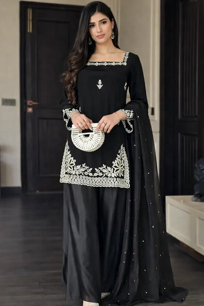 Elegant Black Crepe Palazzo Suit Set for Festive and Wedding Wear