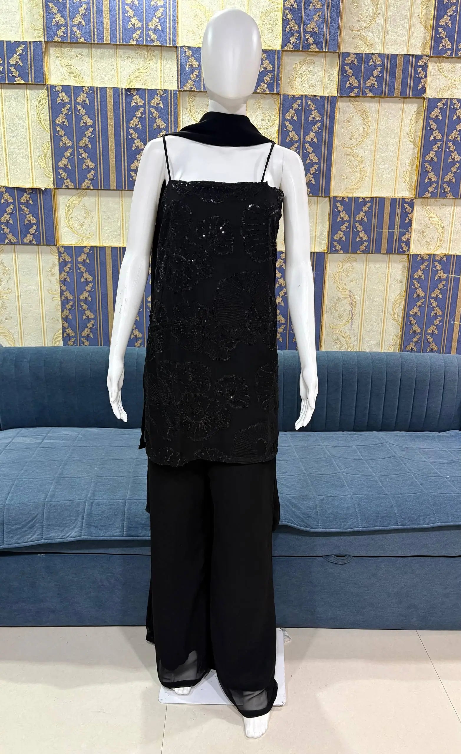 Elegant Black Faux Georgette Sequins Palazzo Set for Party and Festive Wear