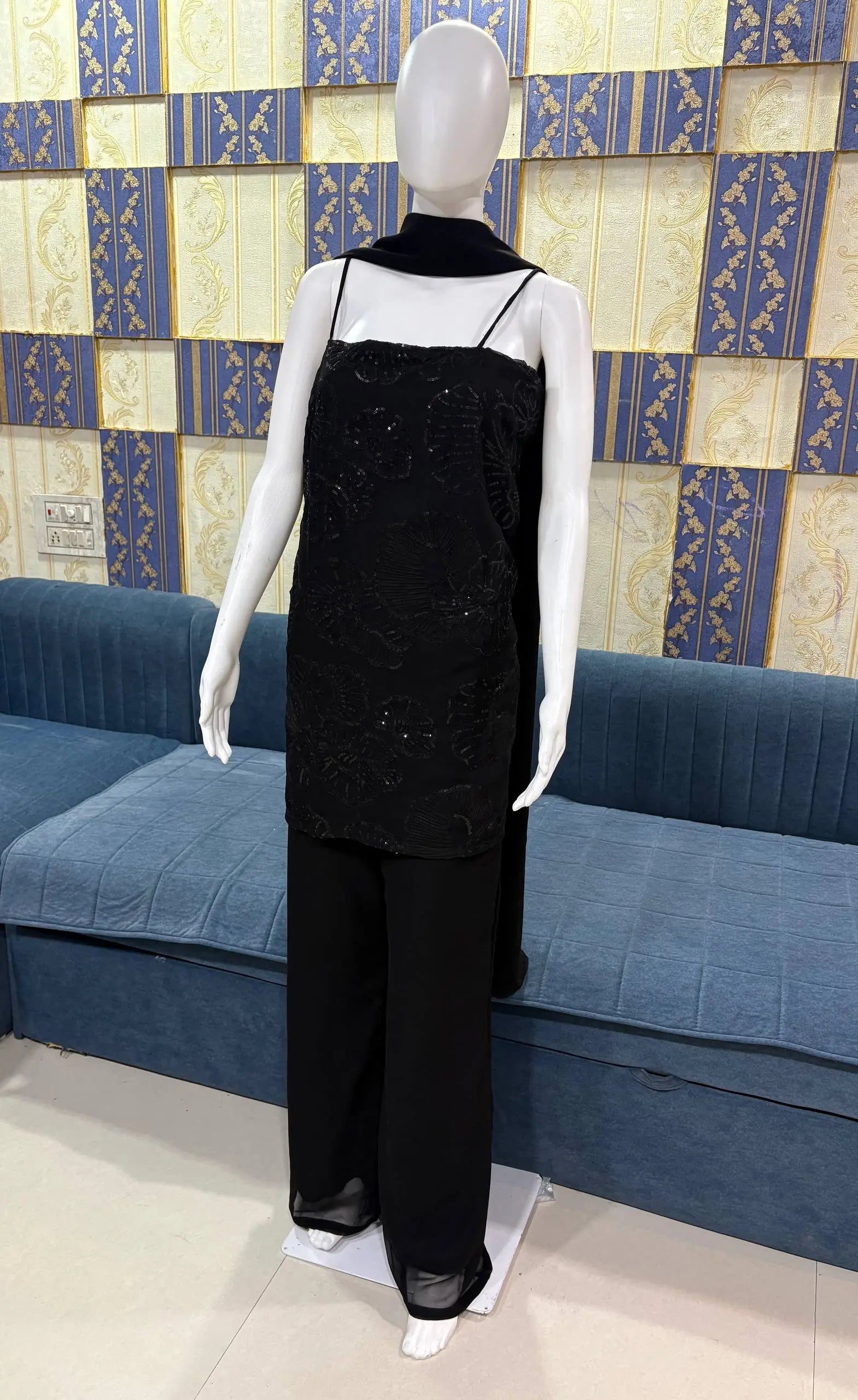 Elegant Black Faux Georgette Sequins Palazzo Set for Party and Festive Wear