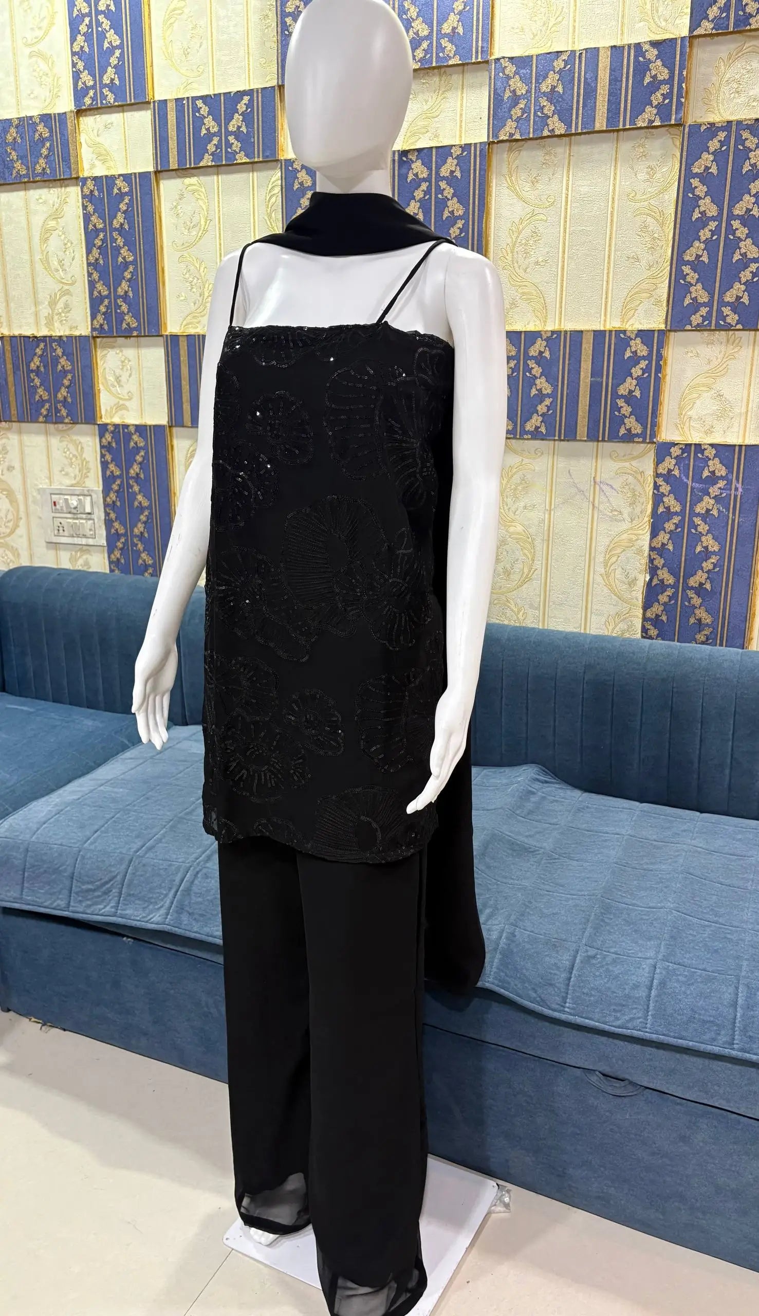 Elegant Black Faux Georgette Sequins Palazzo Set for Party and Festive Wear