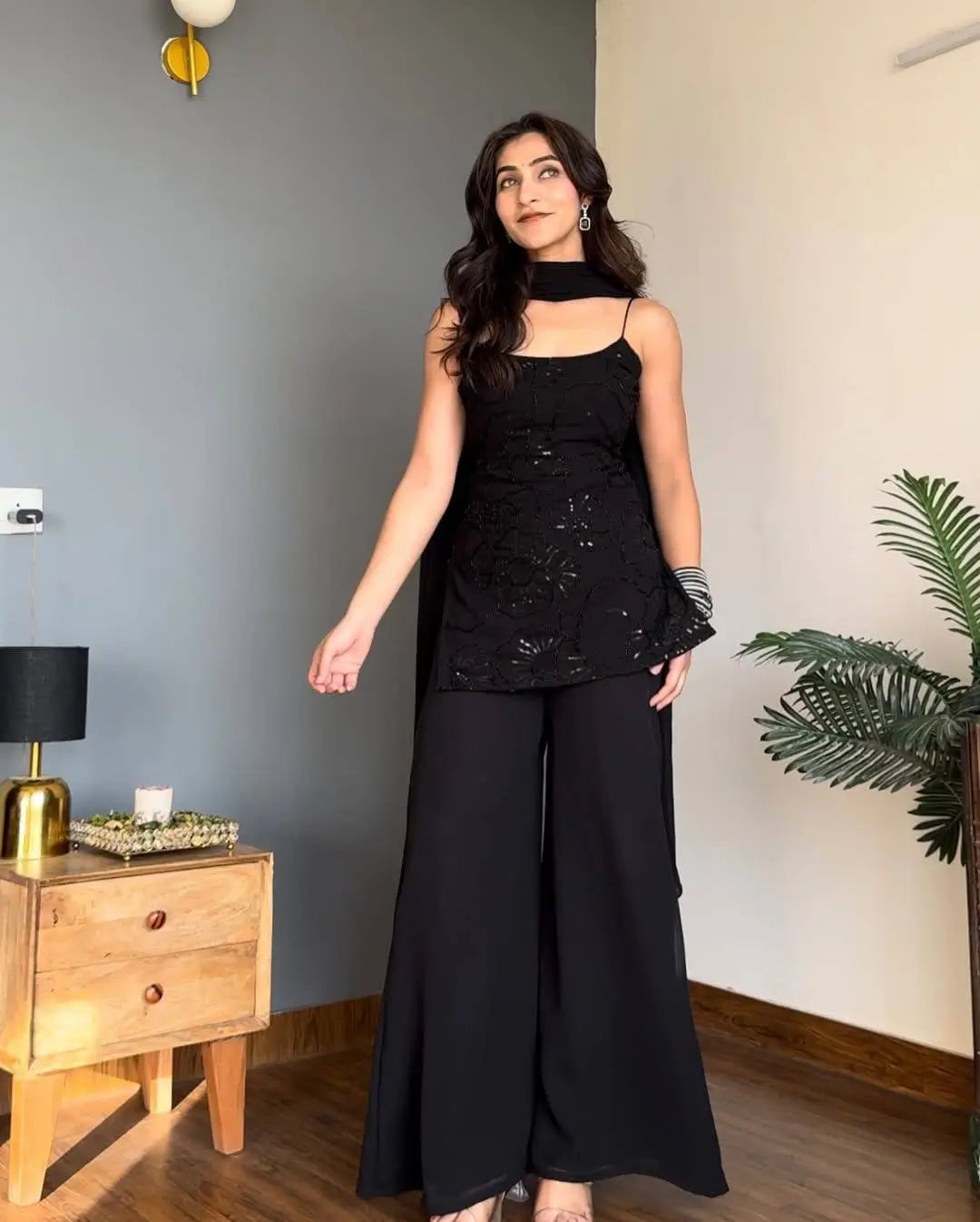 Elegant Black Faux Georgette Sequins Palazzo Set for Party and Festive Wear