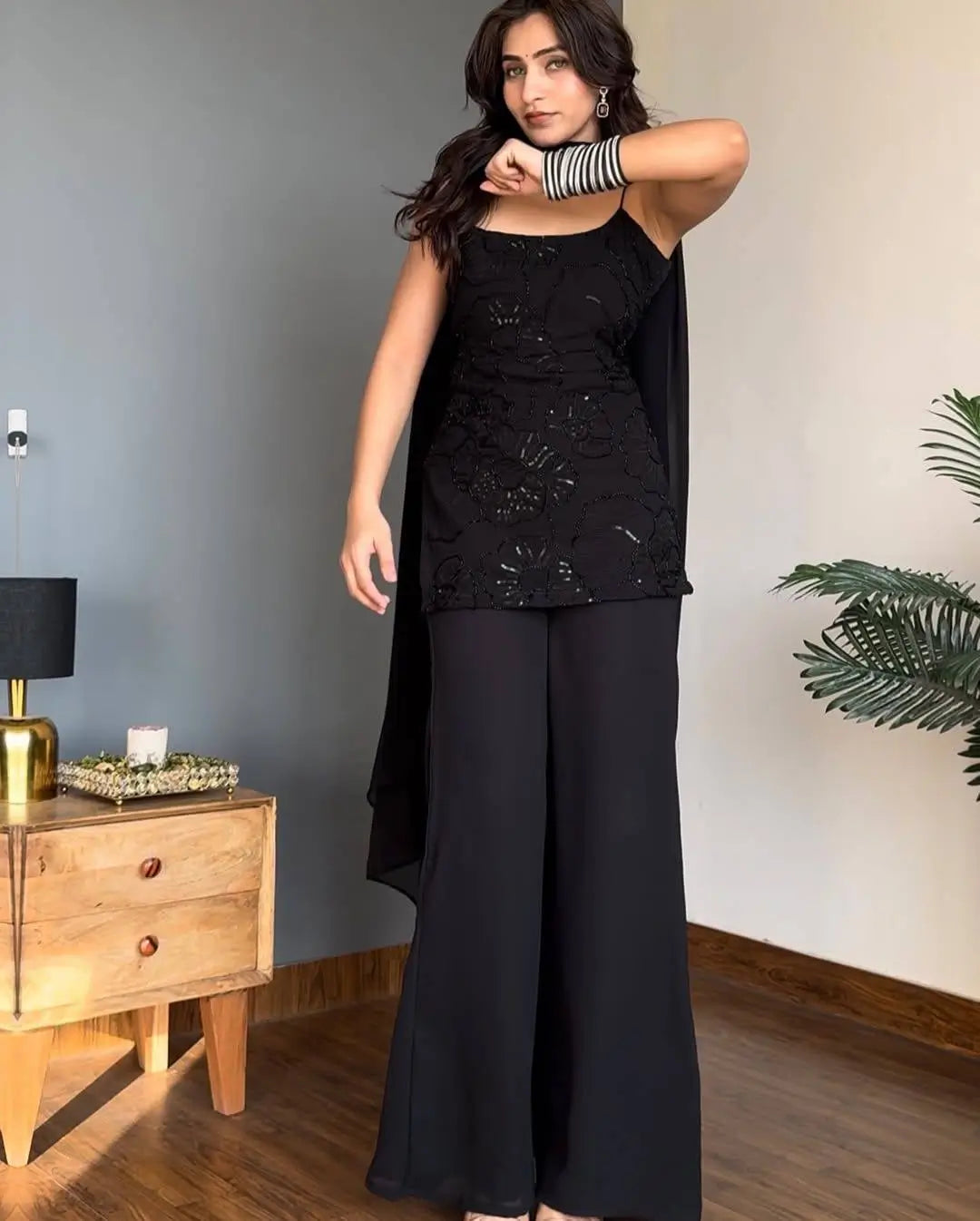 Elegant Black Faux Georgette Sequins Palazzo Set for Party and Festive Wear