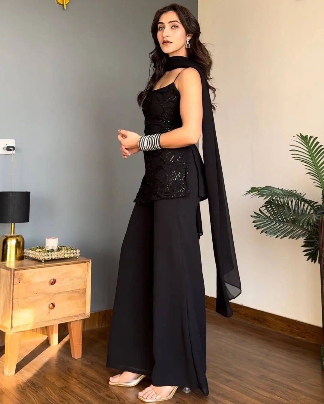 Elegant Black Faux Georgette Sequins Palazzo Set for Party and Festive Wear