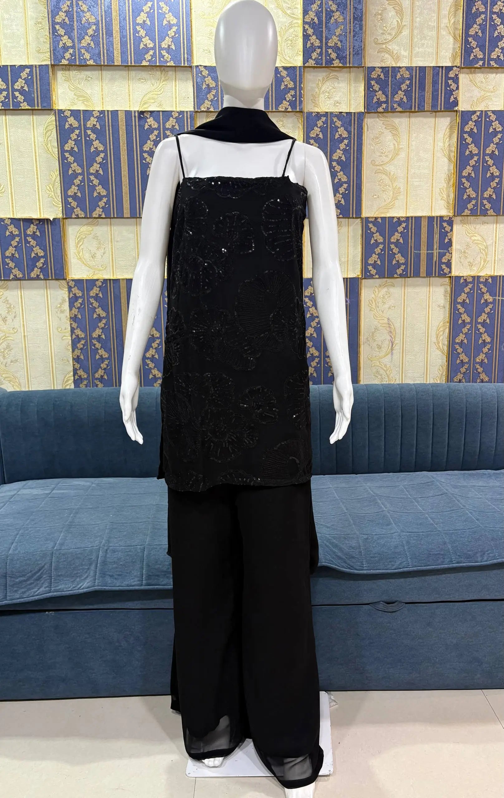 Elegant Black Faux Georgette Sequins Palazzo Set for Party and Festive Wear