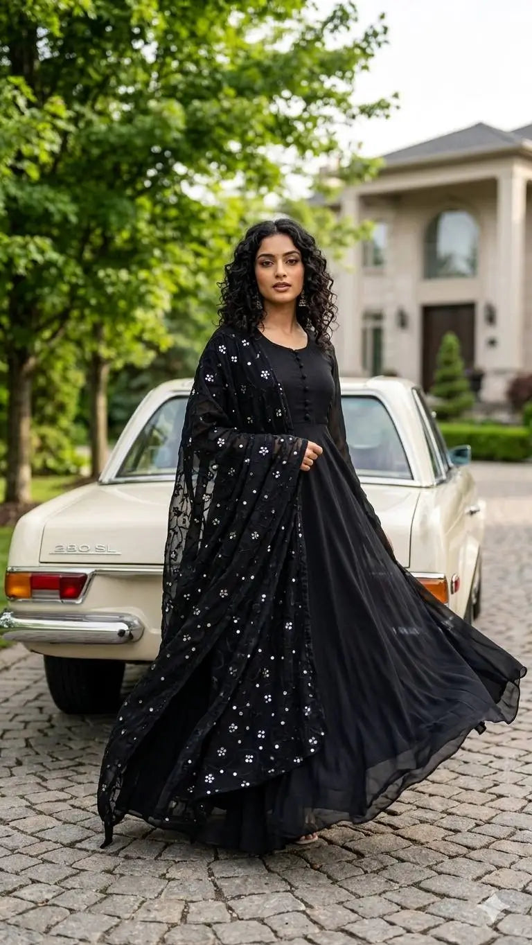 Elegant Black Georgette Anarkali Suit for Festive and Party Wear