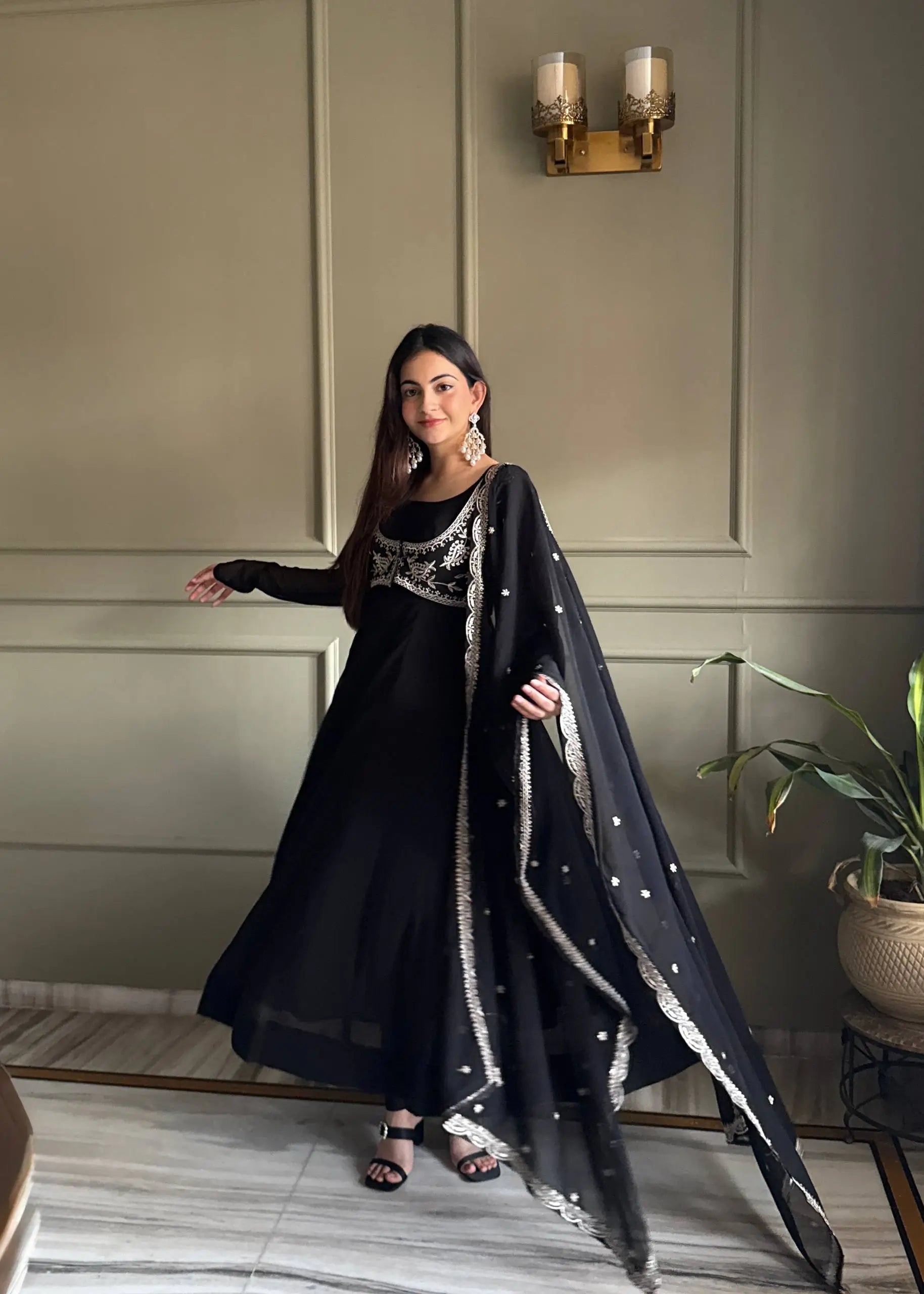 Elegant Black Georgette Anarkali Suit with Embroidered Dupatta for Festive and Evening Wear