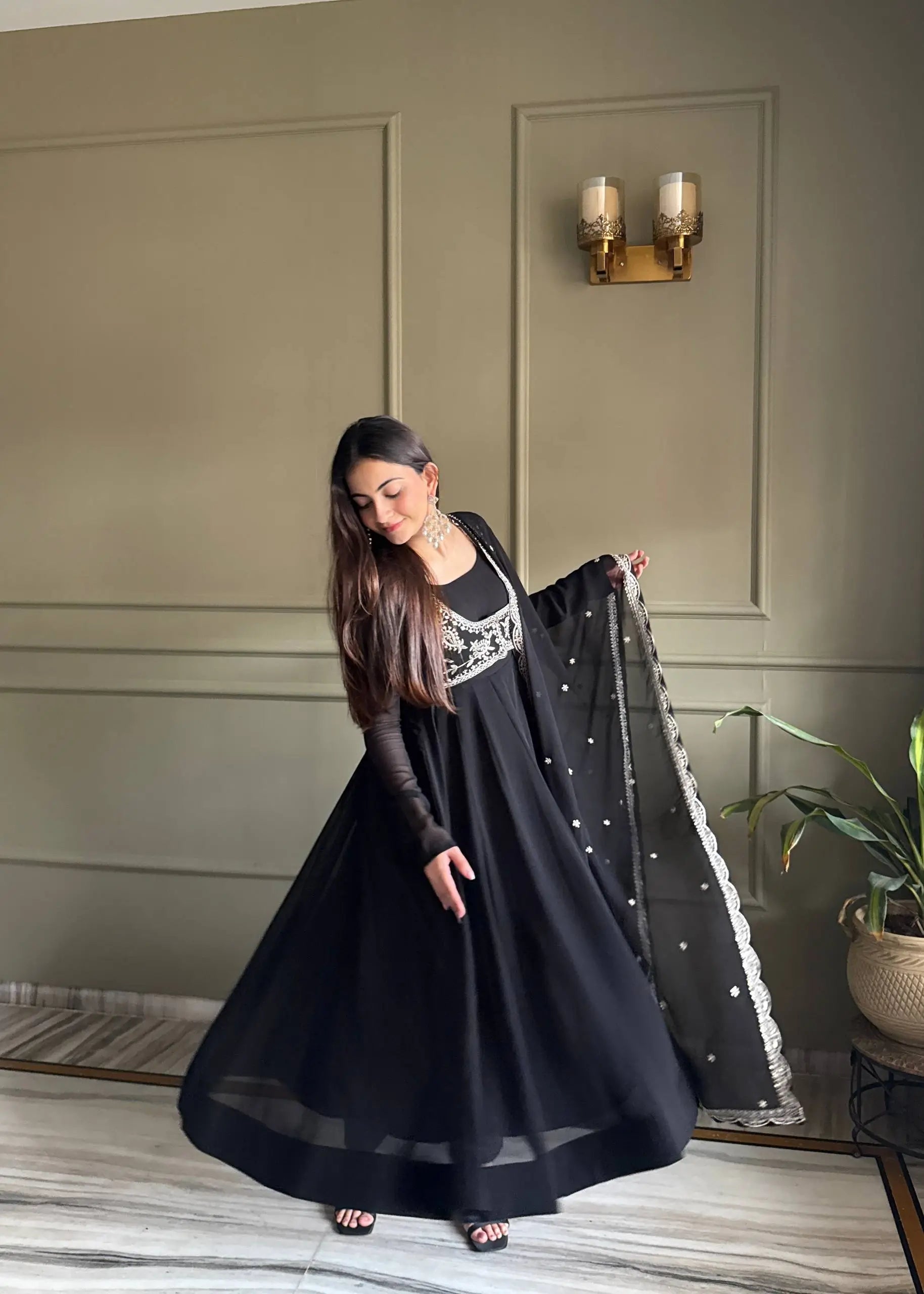 Elegant Black Georgette Anarkali Suit with Embroidered Dupatta for Festive and Evening Wear