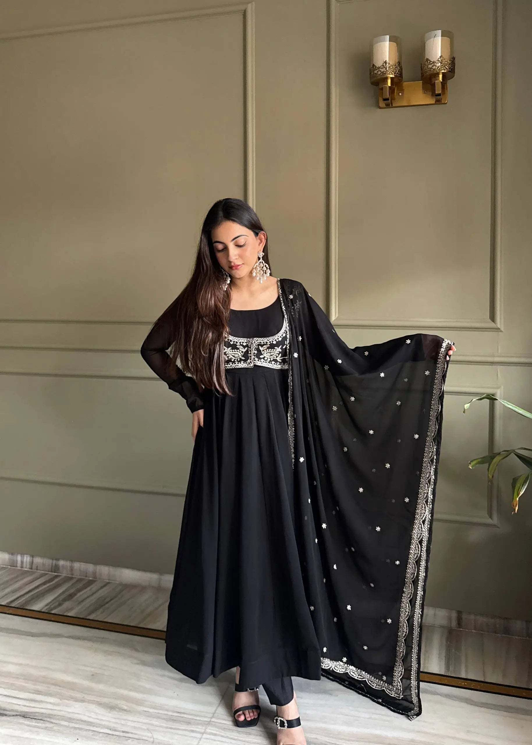 Elegant Black Georgette Anarkali Suit with Embroidered Dupatta for Festive and Evening Wear