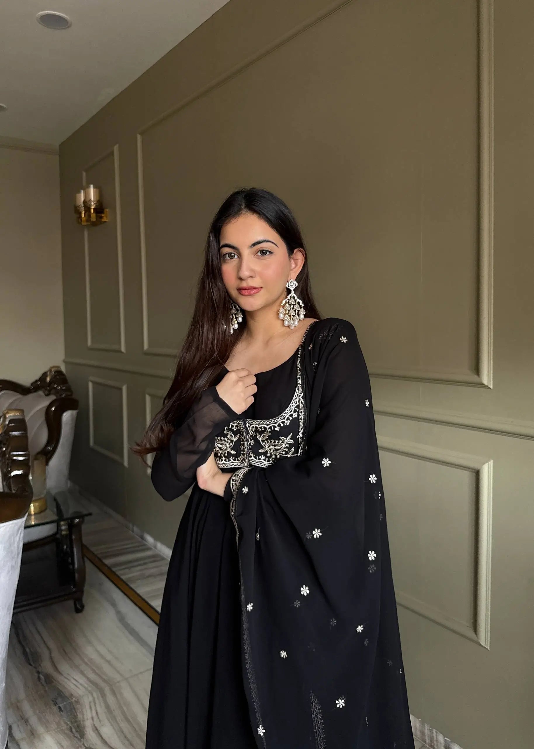 Elegant Black Georgette Anarkali Suit with Embroidered Dupatta for Festive and Evening Wear
