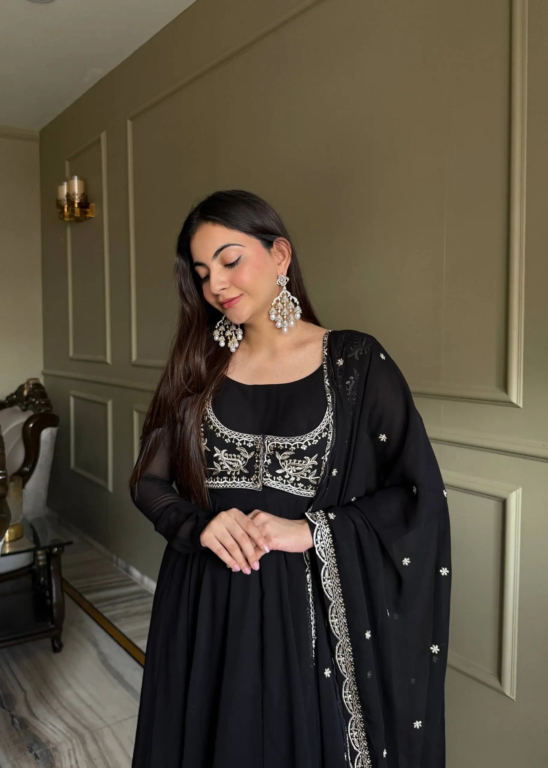 Elegant Black Georgette Anarkali Suit with Embroidered Dupatta for Festive and Evening Wear