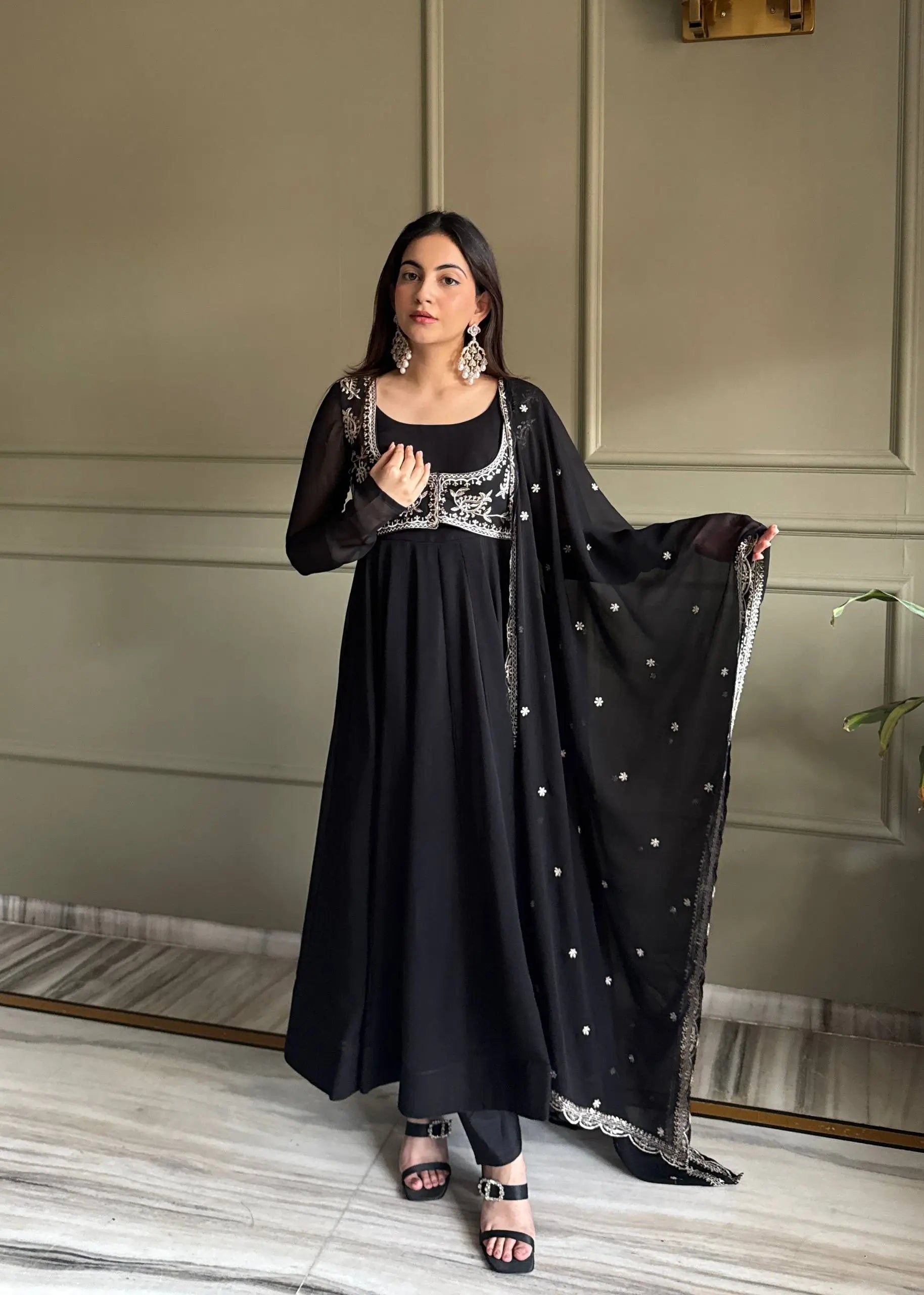 Elegant Black Georgette Anarkali Suit with Embroidered Dupatta for Festive and Evening Wear