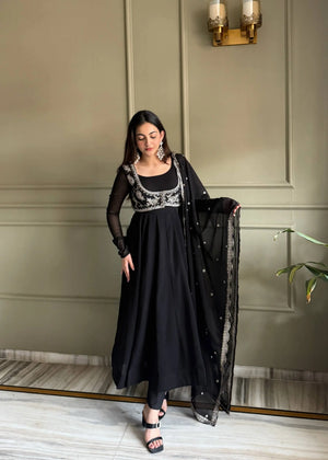 Elegant Black Georgette Anarkali Suit with Embroidered Dupatta for Festive and Evening Wear