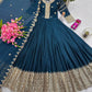 Elegant Blue Heavy Shimmer Silk Gown with Dupatta – Embroidery Sequins Work, 3.5 Meter Flair, Fully Stitched