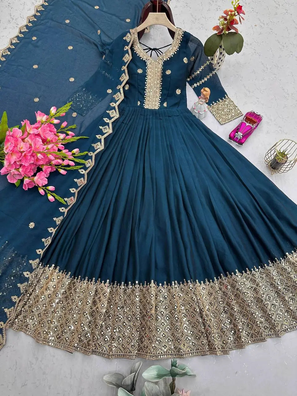 Elegant Blue Heavy Shimmer Silk Gown with Dupatta – Embroidery Sequins Work, 3.5 Meter Flair, Fully Stitched
