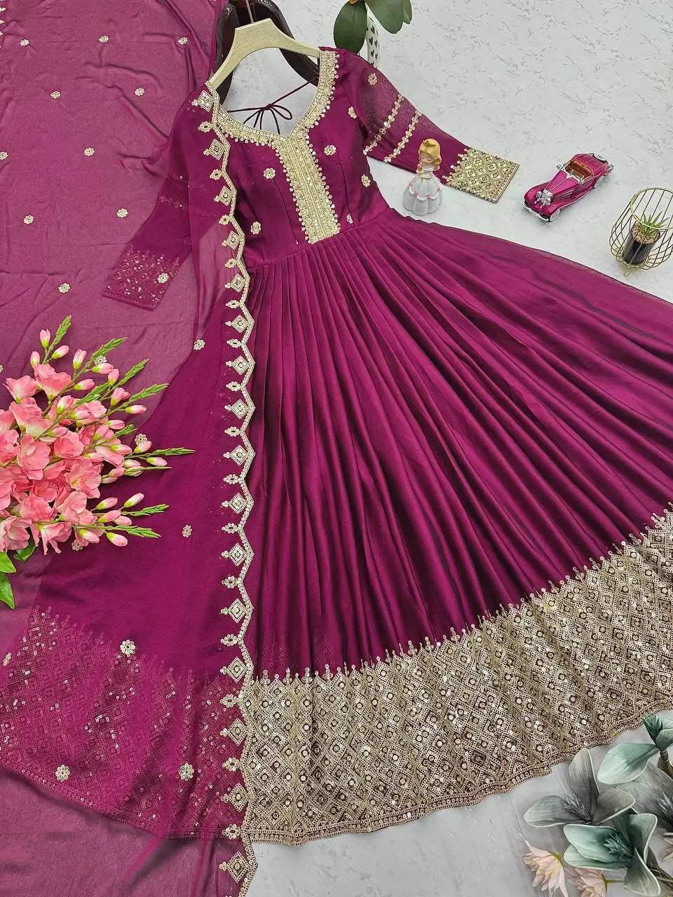 Elegant Blue Heavy Shimmer Silk Gown with Dupatta – Embroidery Sequins Work, 3.5 Meter Flair, Fully Stitched