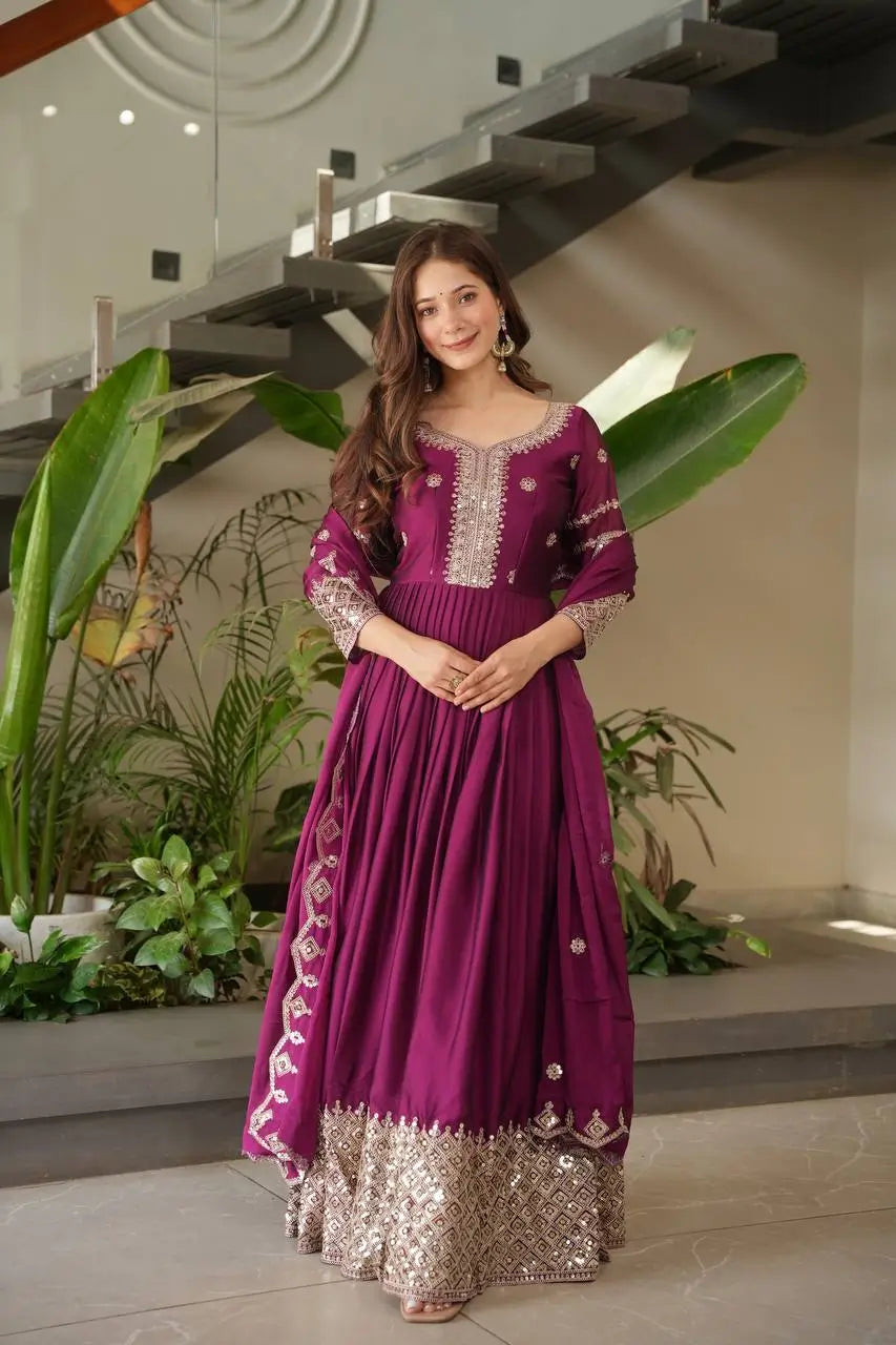 Elegant Blue Heavy Shimmer Silk Gown with Dupatta – Embroidery Sequins Work, 3.5 Meter Flair, Fully Stitched